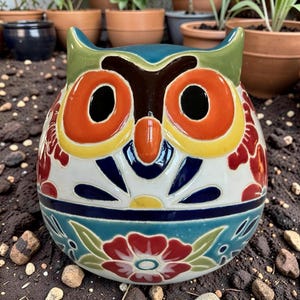 Talavera Owl Planter Pot Mexican Pottery Folk Art Indoor Outdoor Home Decor 9" Tall