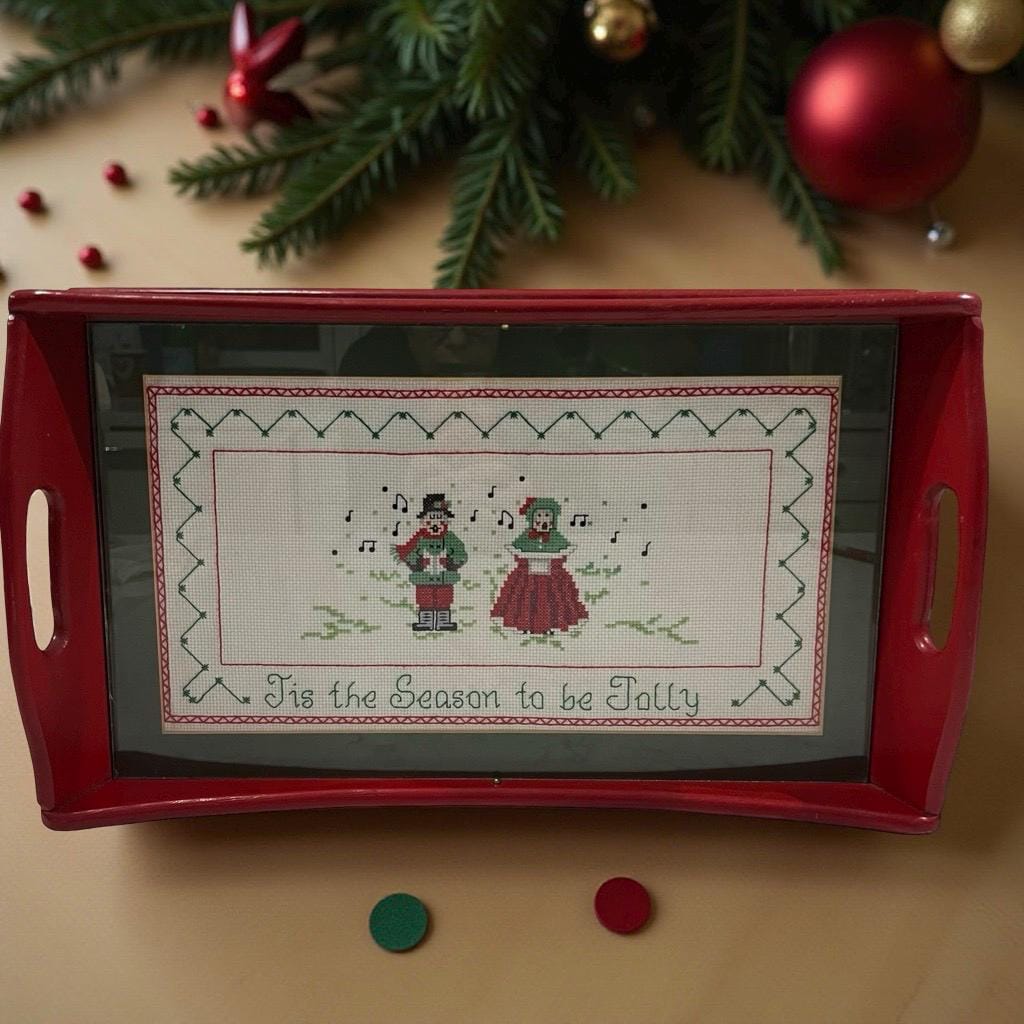 Vintage Christmas Wood Serving Tray Needlepoint Under Glass Cross