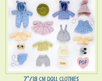 DIY Knitted clothes for a 7 inch (18 cm) Waldorf doll. Bundle of 16 PDF knitting and crochet patterns and tutorials. Toy clothes knitting