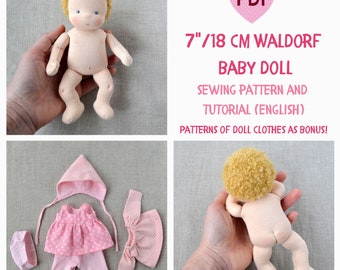 DIY Waldorf baby doll 7 inch (18 cm) tall. PDF sewing pattern and tutorial. Patterns of doll clothes as a gift! Natural Organic Steiner Doll