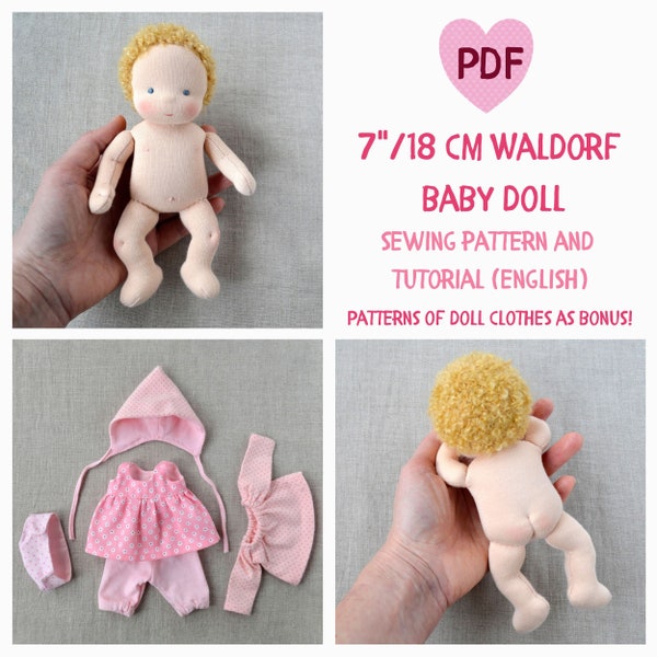 DIY Waldorf baby doll 7 inch (18 cm) tall. PDF sewing pattern and tutorial. Patterns of doll clothes as a gift! Natural Organic Steiner Doll