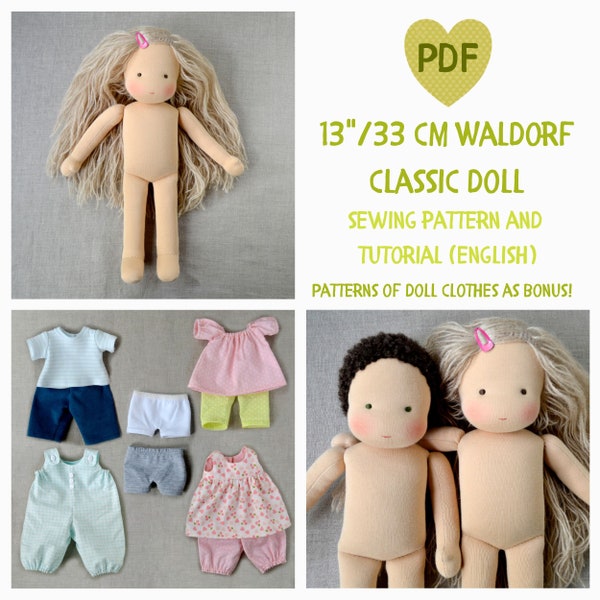 DIY classic Waldorf doll 13 inch/33 cm tall. PDF sewing pattern and tutorial. Patterns of doll clothes as bonus!Natural Organic Steiner Doll