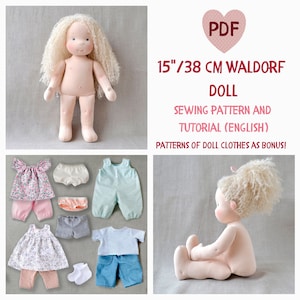 Poupée Waldorf DIY de 38 cm (15 po.) de hauteur. Patron de couture PDF et tutoriel. Des patrons de vêtements de poupée en bonus ! Poupée Steiner bio naturelle