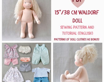 DIY Waldorf doll 15 inch (38 cm) tall. PDF sewing pattern and tutorial. Patterns of doll clothes as bonus! Natural Organic Steiner Doll