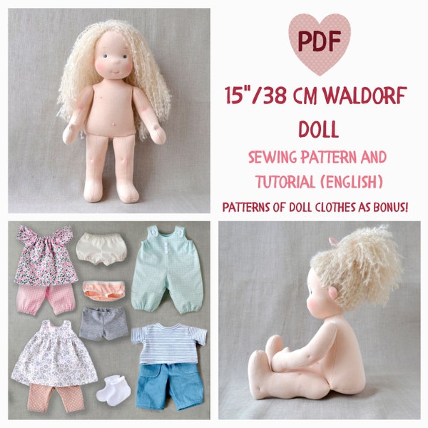 Poupée Waldorf DIY de 38 cm (15 po.) de hauteur. Patron de couture PDF et tutoriel. Des patrons de vêtements de poupée en bonus ! Poupée Steiner bio naturelle