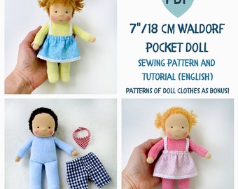 DIY Waldorf pocket doll 7 inch/18 cm tall. PDF sewing pattern and tutorial. Patterns of doll clothes as bonus! Natural Organic Steiner Doll