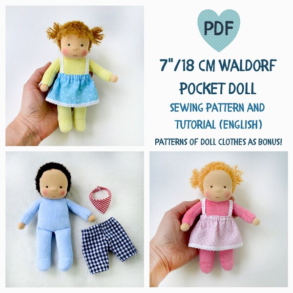 DIY Waldorf pocket doll 7 inch/18 cm tall. PDF sewing pattern and tutorial. Patterns of doll clothes as bonus! Natural Organic Steiner Doll