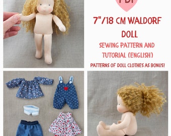 DIY Waldorf doll 7 inch (18 cm) tall. PDF sewing pattern and tutorial. Patterns of doll clothes as bonus! Natural Organic Steiner Doll