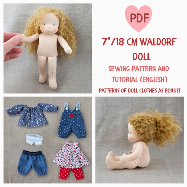 DIY Waldorf doll 7 inch (18 cm) tall. PDF sewing pattern and tutorial. Patterns of doll clothes as bonus! Natural Organic Steiner Doll