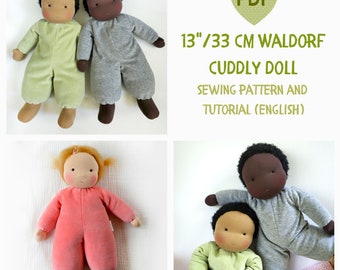DIY Waldorf cuddly doll 13 inch (33 cm) tall. PDF sewing pattern and tutorial. Natural Organic Steiner Doll