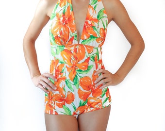 Pinup Bombshell One Piece Swimsuit with Halter Top and modest cut legs with large bra top for all sizes up to XXXL / tummy control panel