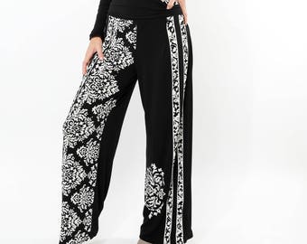 Wide leg pants in no wrinkle travel fabric yoga waist palazzo pants in floral print or custom colors