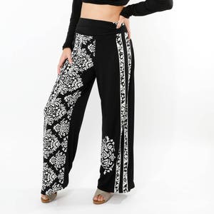 Wide leg pants in no wrinkle travel fabric yoga waist palazzo pants in floral print or custom colors image 1