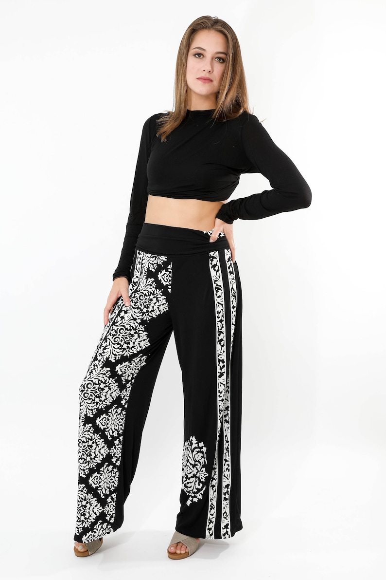 Wide leg pants in no wrinkle travel fabric yoga waist palazzo pants in floral print or custom colors image 1