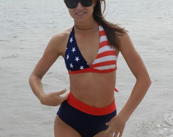 Red White and Blue Stars and Stripes Patriot high waisted bikini