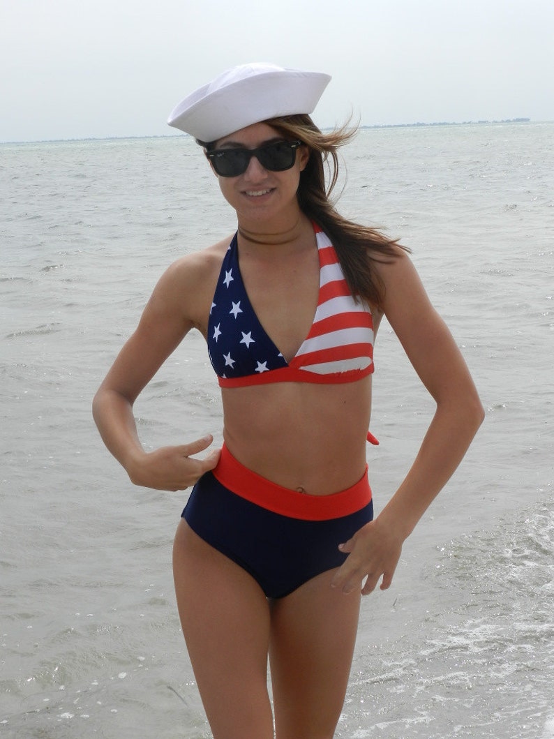 red white and blue high waisted swimsuit