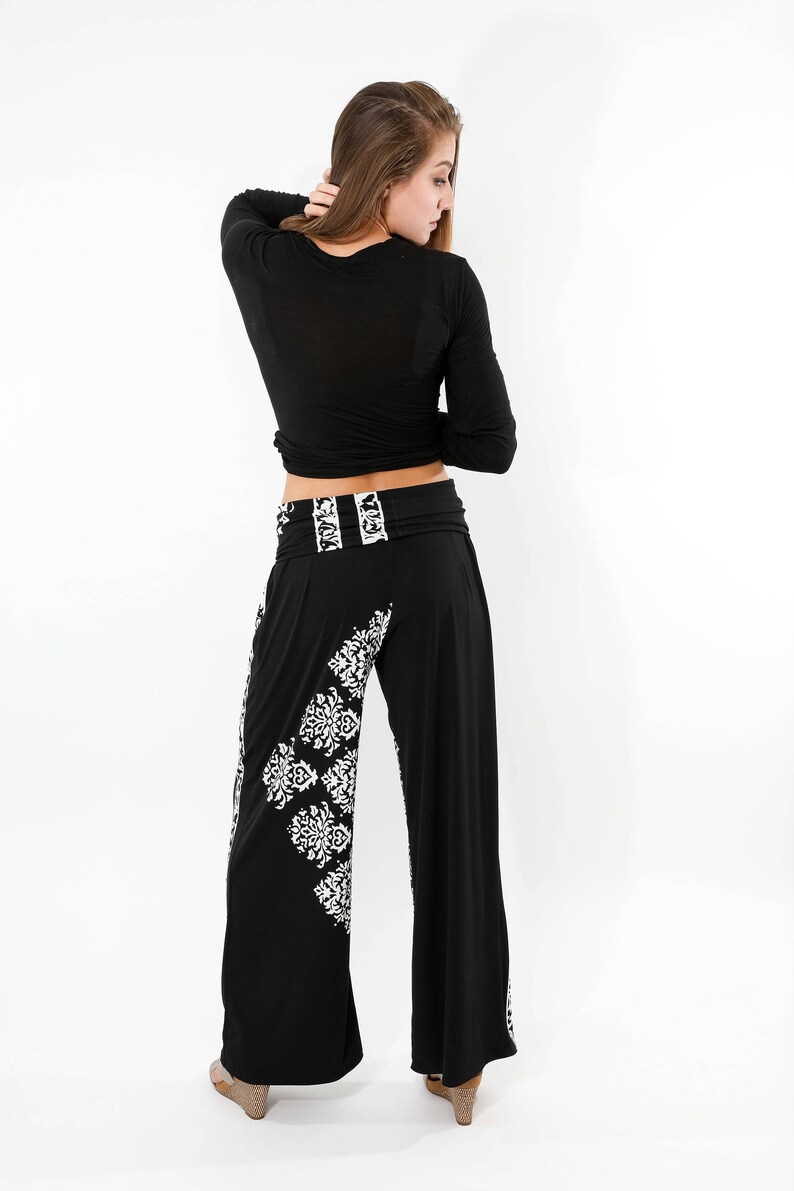 Wide leg pants in no wrinkle travel fabric yoga waist palazzo pants in floral print or custom colors image 2