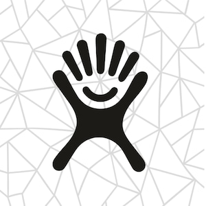 May include: Black and white logo of a smiling hand with five fingers raised, resembling a stylized mountain range.