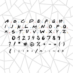 May include: A black and white alphabet and number font with a handwritten style. The letters and numbers are on a white background with a gray geometric pattern.