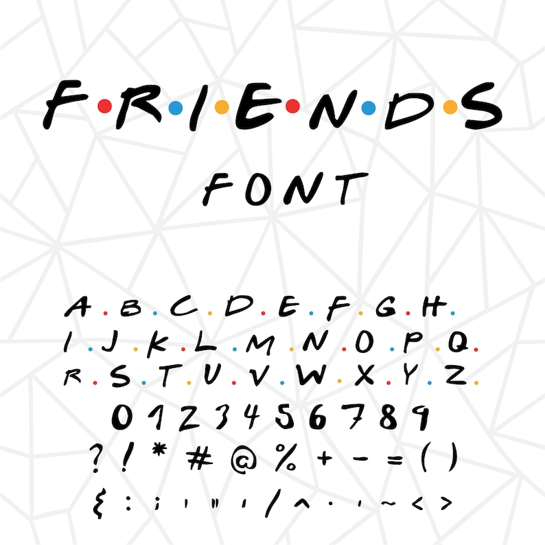 May include: A black and white alphabet font inspired by the popular TV show "Friends". The letters are handwritten and have a playful, casual style. Each letter has a small dot next to it in red, blue, yellow, or orange.
