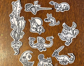 Medieval Marginalia Stickers | Lino Printed, Hand Carved Whimsy Art