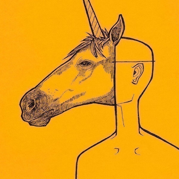 Unicorn Mask two color fantasy animal anthropomorphic mask art drawing print