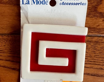 Vintage Lucite Belt Buckle ~ NOS La Mode Fashion Accessories ~ Graphic MCM Red and White Chunky