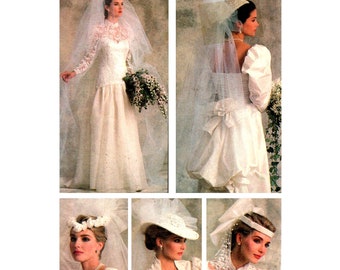 Patrón de velo de novia vintage de los años 80, sin cortar, largo, colorete, corona con punta de dedo, sombrero, sombrerería Vogue 9822