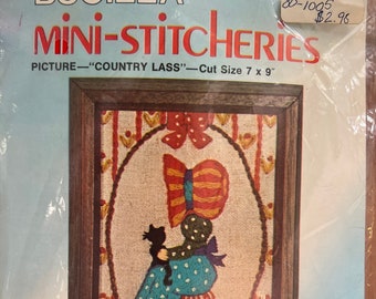 Bucilla Cottagecore Crewel Kit NIP  5 x 7 MCM 70s Crewel Embroidery Kit Nursery Decor Country Lass with Kitten Bucilla 2022 Quick & Easy