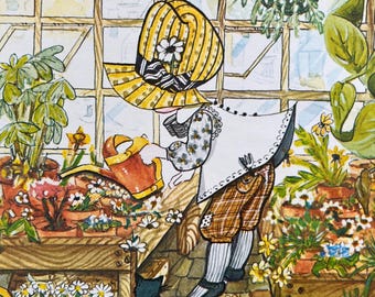 Vintage 70s Bonnet Girl Lithograph ~ Cunningham Art ~ 8 x 10 Kittens Plants Daisies ~ paper craft
