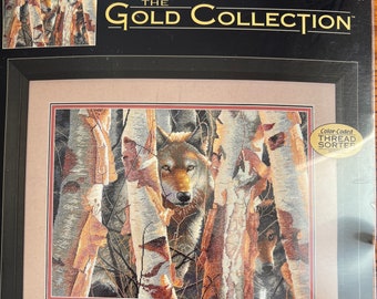 The Guardian Wolf Cross Stitch Kit NIP Wolf Counted Cross Stitch 16x12 Inch Collin Bogle Gold Collection  Dimesions 35153