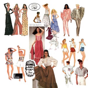 Może przedstawiać: Kolaż ilustracji i fotografii mody vintage przedstawiający r&oacute;żne style odzieży, w tym długie sukienki, bluzki, sp&oacute;dnice, szorty i spodnie. Kolekcja zawiera logotypy marek Laura Ashley, Gunne Sax i Krizia z r&oacute;żnorodnymi wzorami.