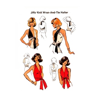 Puede incluir: Ilustración de un top halter de punto envolvente y anudado en blanco y negro y rojo. La imagen muestra diferentes vistas del top halter, incluyendo perspectivas delantera y trasera. El texto "Jiffy Knit Wrap-And-Tie Halter" está en la parte superior de la imagen.