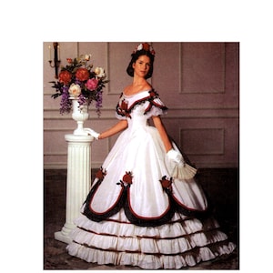 May include: A white ball gown with a layered skirt, adorned with red and black accents. The dress features a fitted bodice and off-the-shoulder sleeves. A floral headpiece and gloves complete the ensemble. The gown is suitable for historical reenactments or themed events.