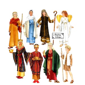 May include: Watercolor illustration of eight children in biblical costumes. The costumes include robes, head coverings, and crowns in various colors like gold, red, blue, and brown. Some figures hold props such as a staff, a golden bowl, and a small box.