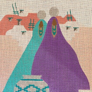 Puede incluir: Lienzo de punto de aguja con un diseño abstracto. Dos figuras con túnicas turquesas y moradas se representan sobre un fondo melocotón claro. También hay formas geométricas rojas y verdes y detalles dorados. Fondo neutro.