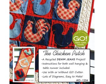 Chicken Quilt pattern unused Inventive Denim Wall Hanging 29 x 29 Table Runner 9 x 25 Jeans Patchwork Mini Quilt Farmhouse Decor 1204