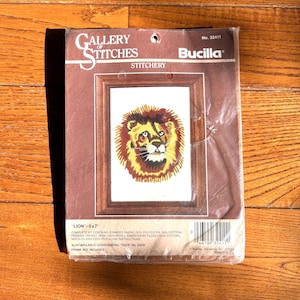 Bucilla Lion Crewel Kit NIP  5 x 7 Inches MCM 70s Crewel Embroidery Kit Animal Decor Bucilla 32411 Quick and Easy