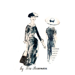 May include: Two women wearing dresses and hats. The woman on the left is wearing a black dress with a white collar and a black hat. The woman on the right is wearing a white dress with black polka dots and a white hat. The text "by Fira Benenson" is written below the image.