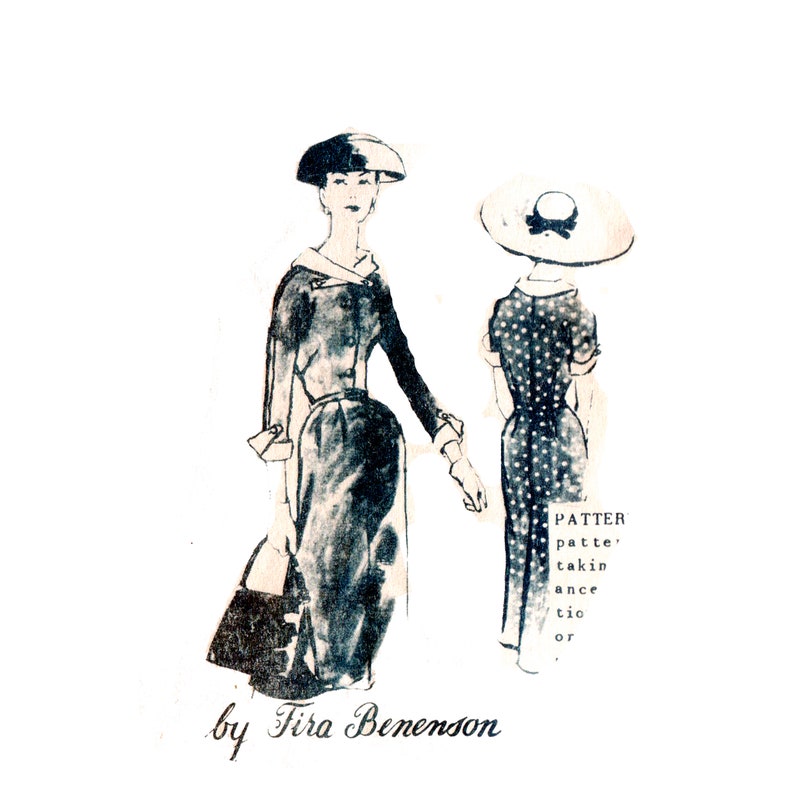 May include: A black and white fashion illustration by Fira Benenson showing two figures in dresses. One figure wears a collared dress with a handbag and hat, while the other wears a polka dot dress and a wide-brimmed hat with text reading PATTER.