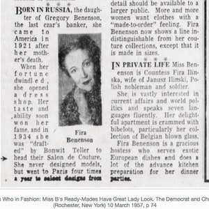 May include: A black and white newspaper clipping titled Who's Who in Fashion featuring a portrait of Fira Benenson. The text details her life, her work at Bonwit Teller, and her personal interests, including her collection of Belgian blown glass.