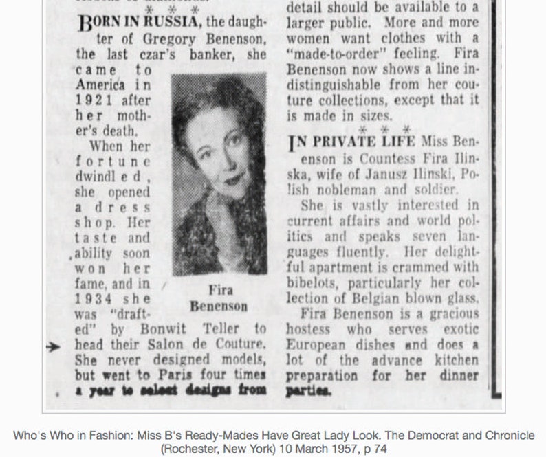 May include: A black and white newspaper clipping titled Who's Who in Fashion featuring a portrait of Fira Benenson. The text details her life, her work at Bonwit Teller, and her personal interests, including her collection of Belgian blown glass.