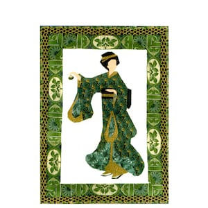 May include: A rectangular wall art piece featuring a central illustration of a figure in a green patterned kimono with gold accents, surrounded by a decorative border of green botanical motifs and a dark geometric lattice pattern.