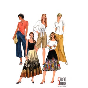 May include: Illustration of five women modeling different outfits. The outfits include a polo shirt and wide-leg pants, a white tie-front top with shorts, a white button-down shirt with wide-leg pants, a black tank top with a patterned skirt, and a white top with a patterned skirt. The text "5 Great Looks" is visible.
