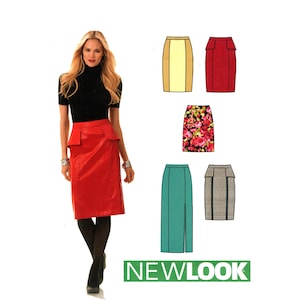 May include: A woman wearing a red skirt with a black top. The image also shows skirt design illustrations in yellow, red, floral, teal, and plaid patterns. The text "NEW LOOK" is visible in green.