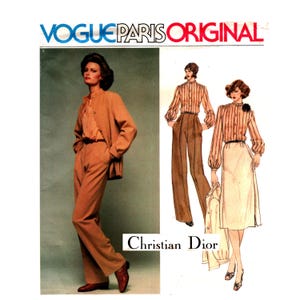 May include: A vintage Vogue Paris Original sewing pattern. The image shows a woman in a tan suit and illustrations of other outfits. The text "Christian Dior" is visible, along with the Vogue Paris Original logo.