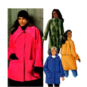 May include: Four women's coats in different colors and styles. The first coat is pink with a large collar and pockets. The second coat is green with a camouflage pattern. The third coat is yellow with a large collar. The fourth coat is blue with a hood and pockets.