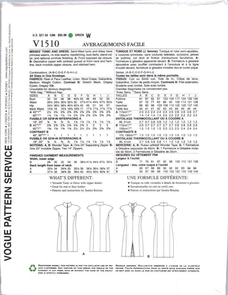 Zip Front Dress Pattern Uncut Vogue Original Sandra Betzina Etsy