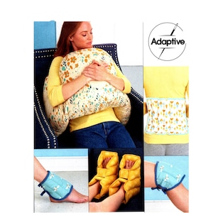 May include: A collection of adaptive comfort items including a crescent-shaped pillow with a floral pattern, a rectangular back wrap with a geometric print, and quilted ankle and foot wraps in light blue and yellow with hook-and-loop closures.