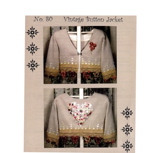 May include: A vintage button jacket pattern with two jacket designs. The top jacket is a light beige with a V-neck, button closure, and decorative embellishments. The bottom jacket features a heart-shaped button design. The text "No. 80 Vintage Button Jacket" is at the top.